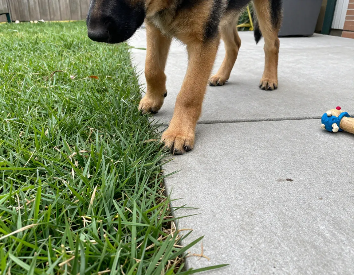 Puppy exploring different textures like grass and concrete in a yard