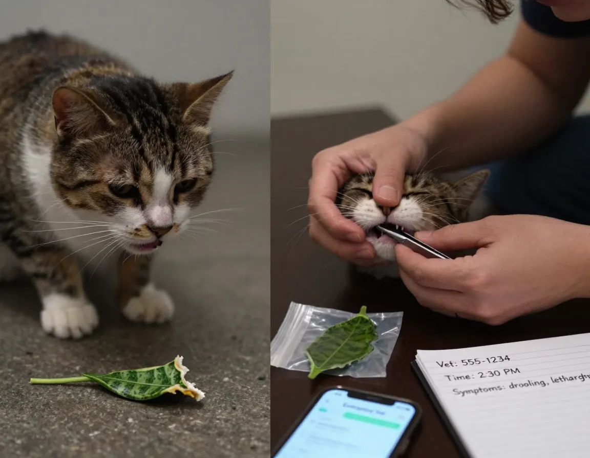 Cat drooling lethargic next to chewed leaf owner checking mouth calling vet