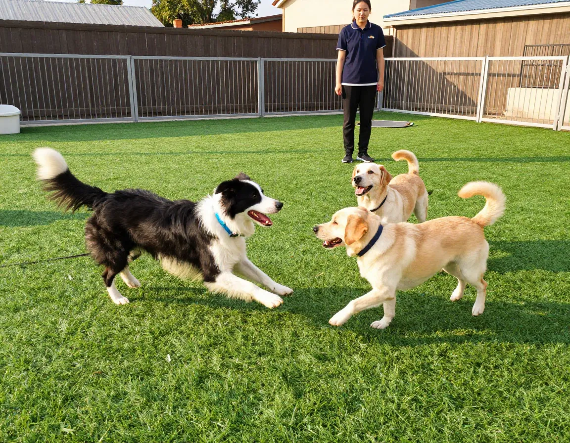 Dog socializing playfully with pack in daycare yard