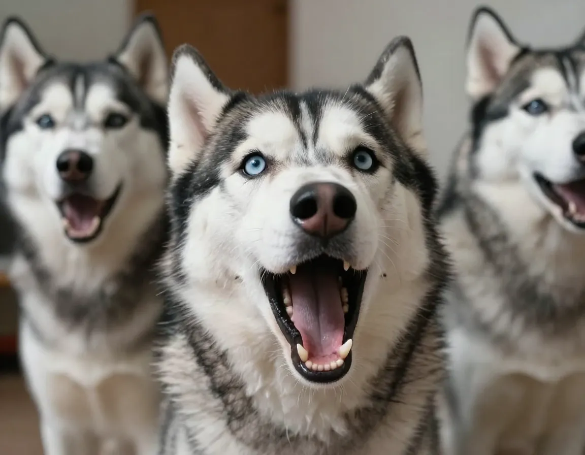 Dramatic husky mid argument with wide open mouth and intense eyes