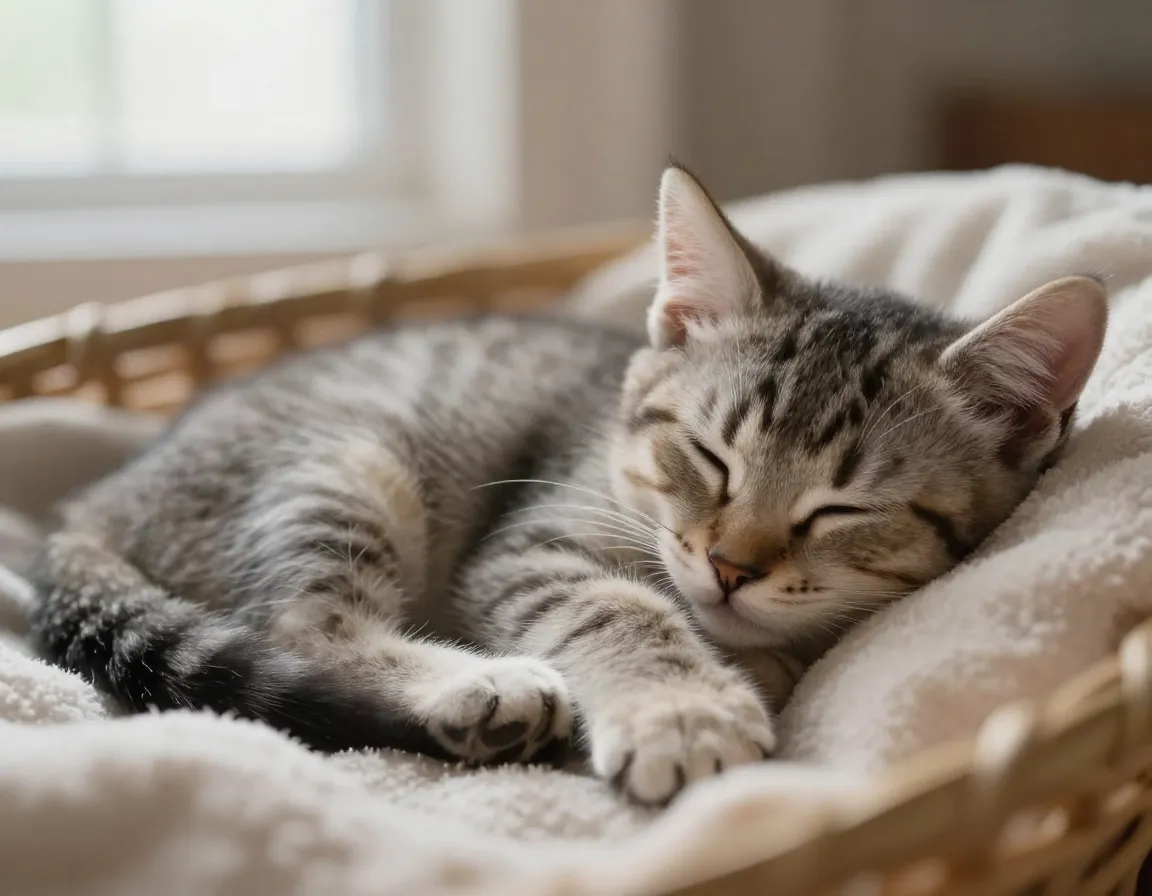 Kitten sleepy comfort shot curled paws on cozy blanket
