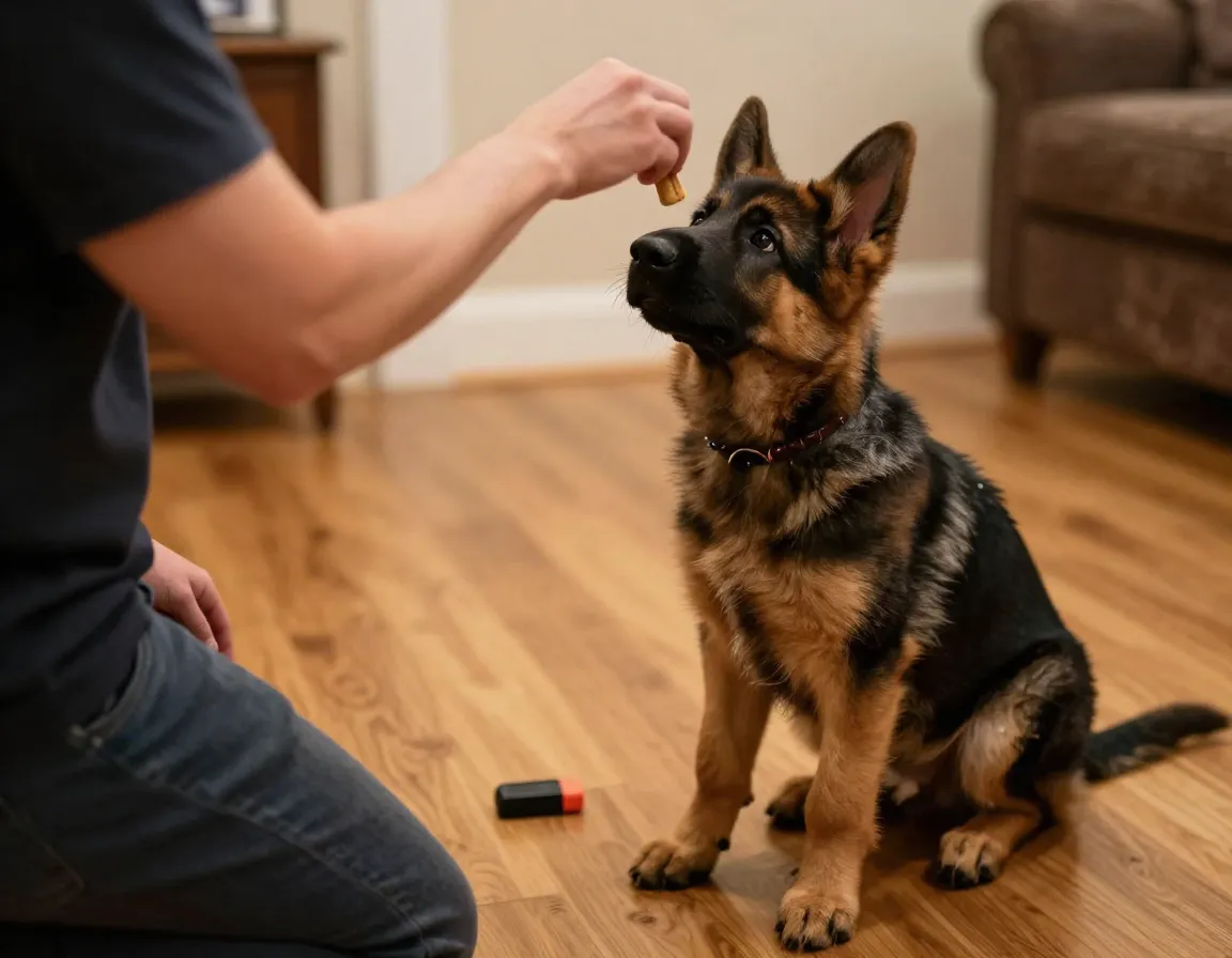 Person using treat to train a puppy the sit command indoors