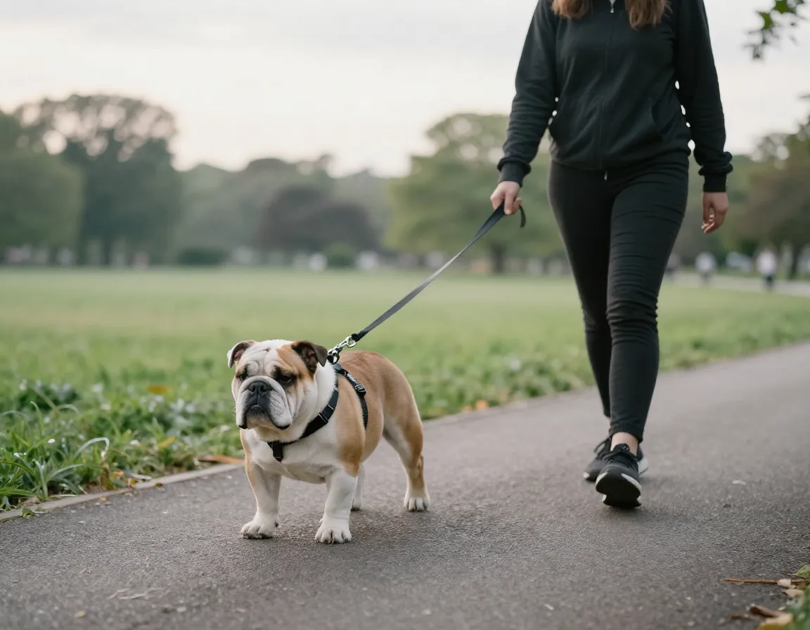 Bulldog leisurely morning park walk harness overcast sky