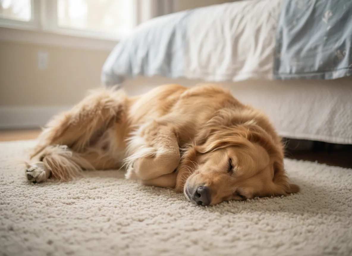 Golden retriever contorted in an impossible pretzel sleeping position