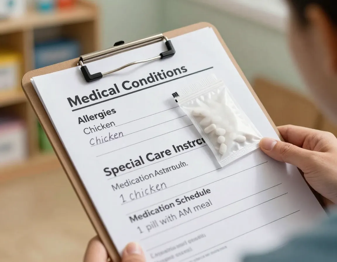 Medication and special care instruction sheet on clipboard