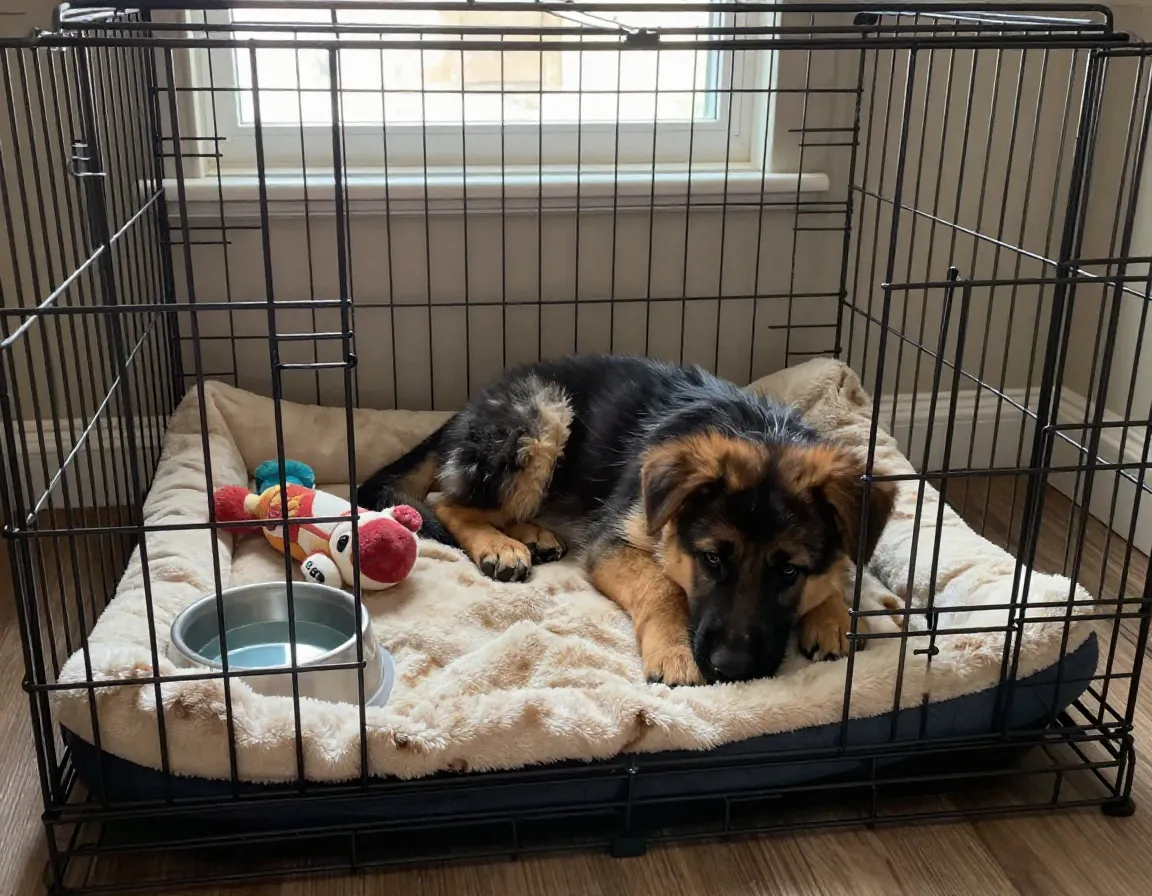 Puppy content inside an open crate with a soft blanket and toys