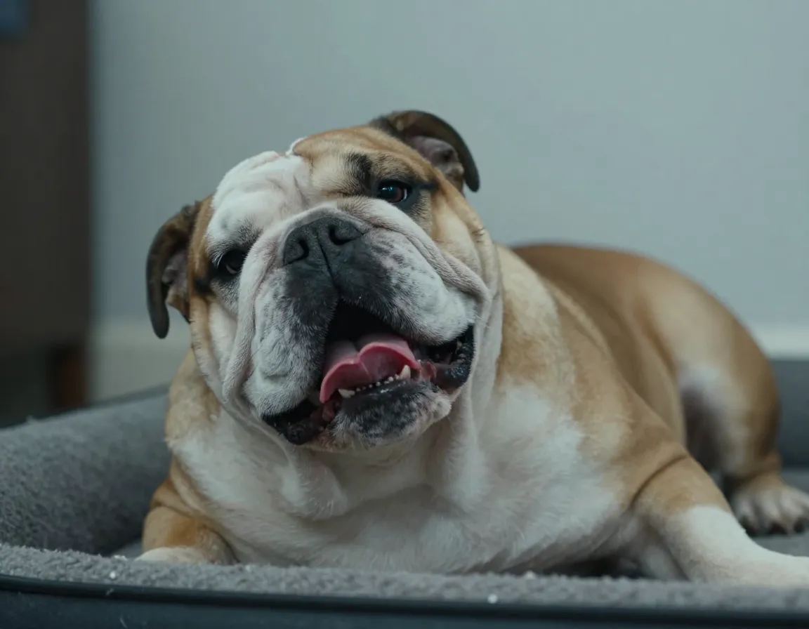 Bulldog lying down panting showing brachycephalic breathing difficulty