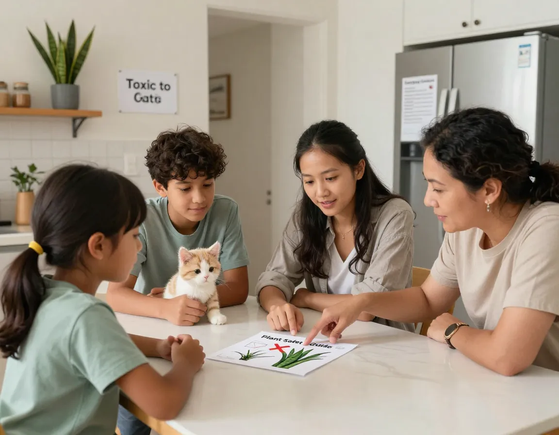 Family reviewing plant safety guide emergency contacts list on refrigerator