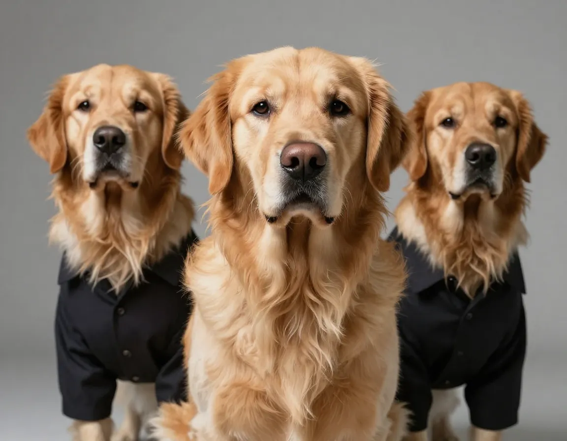 Golden retriever wears a ridiculous costume with stoic resignation