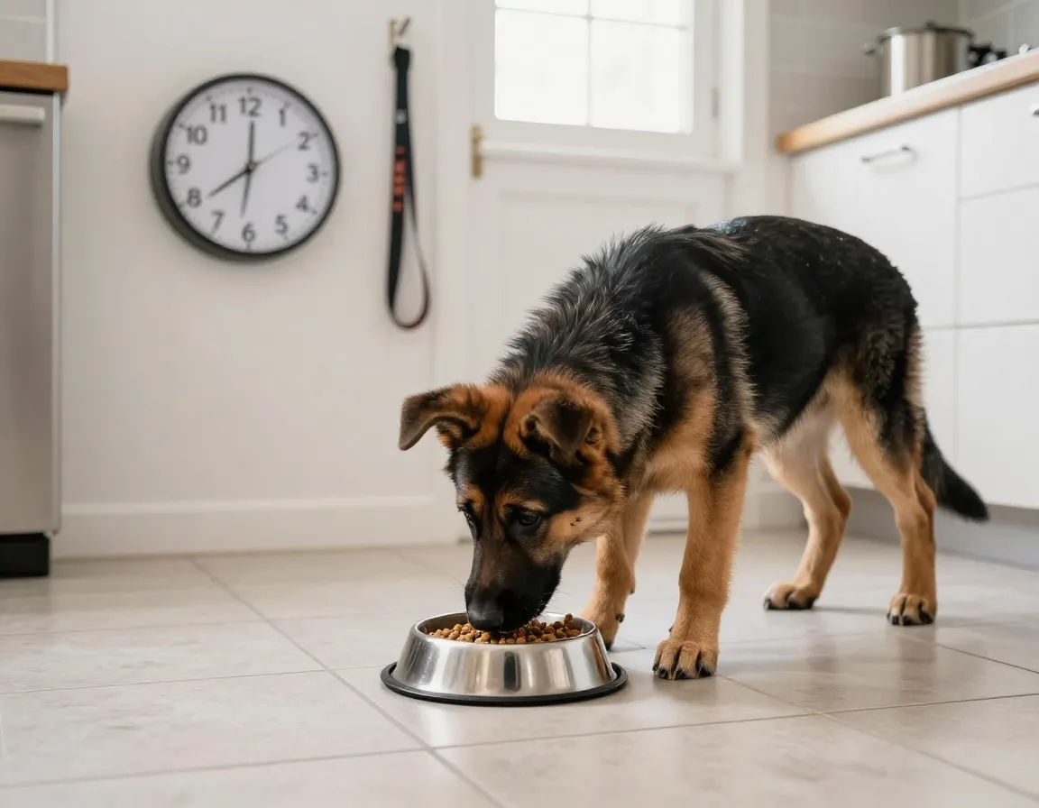 Puppy eating breakfast from a bowl on a kitchen floor at six am