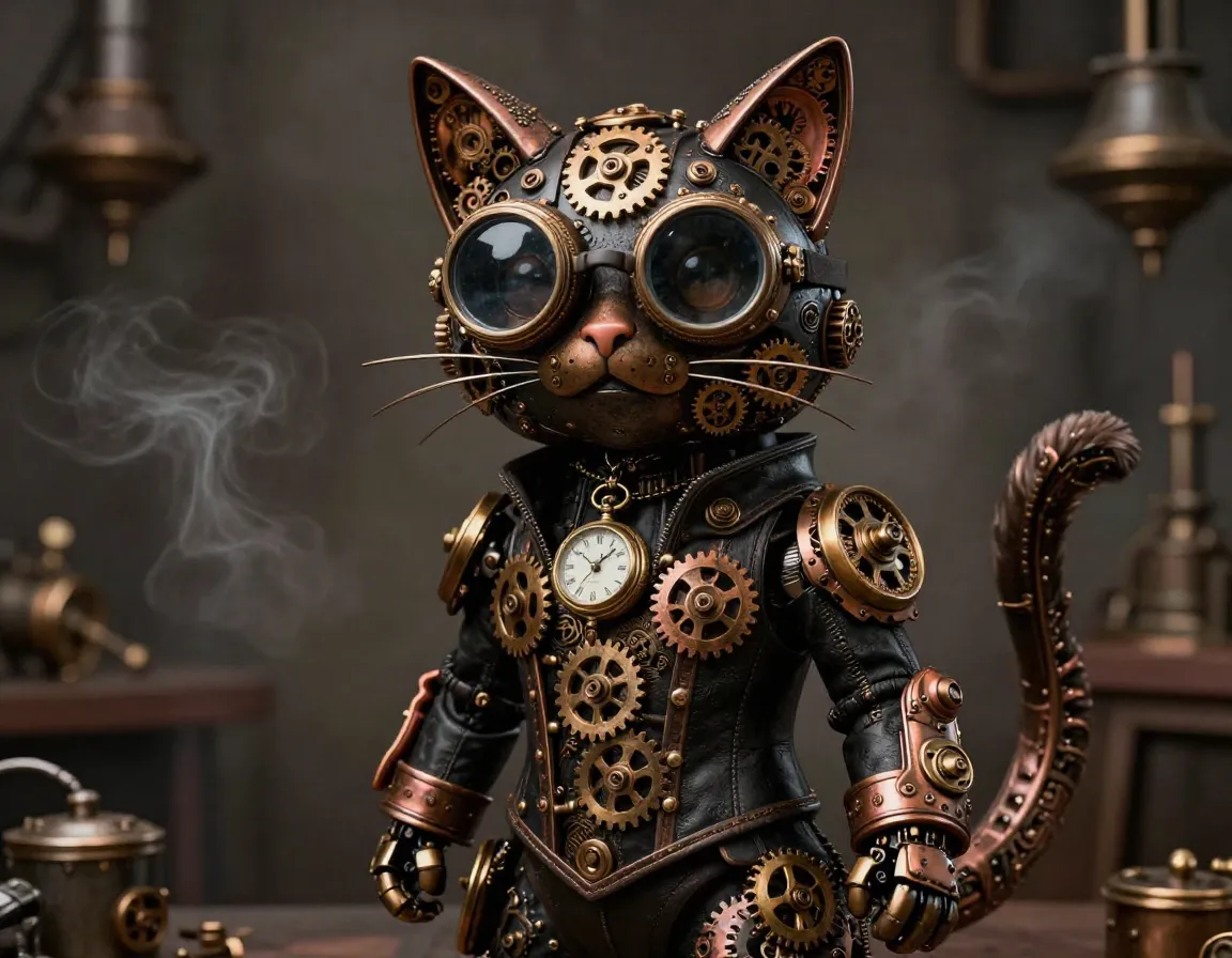 Steampunk mechanical cat with bronze gears and goggles