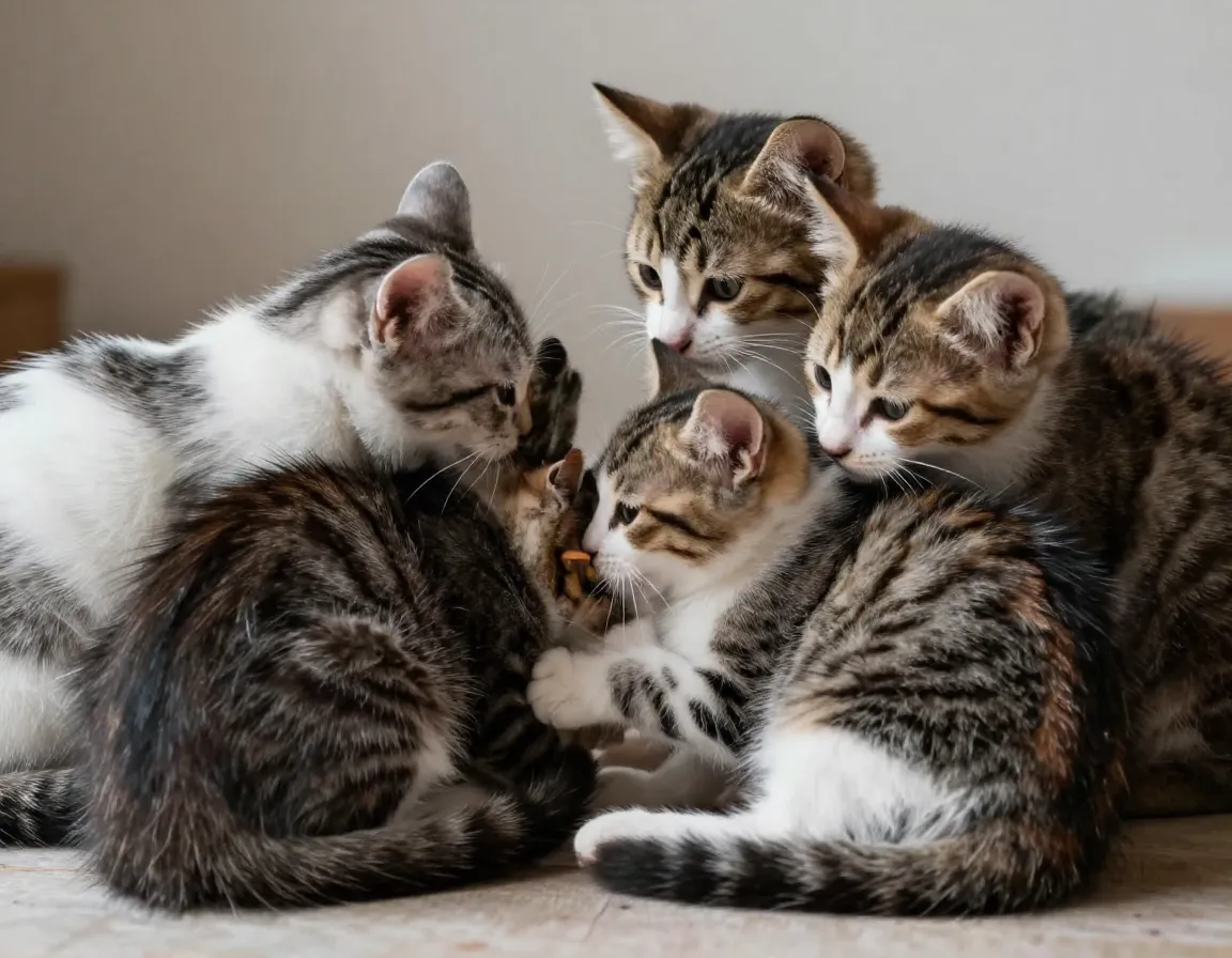 Two kitten sibling interaction shot cuddling and grooming