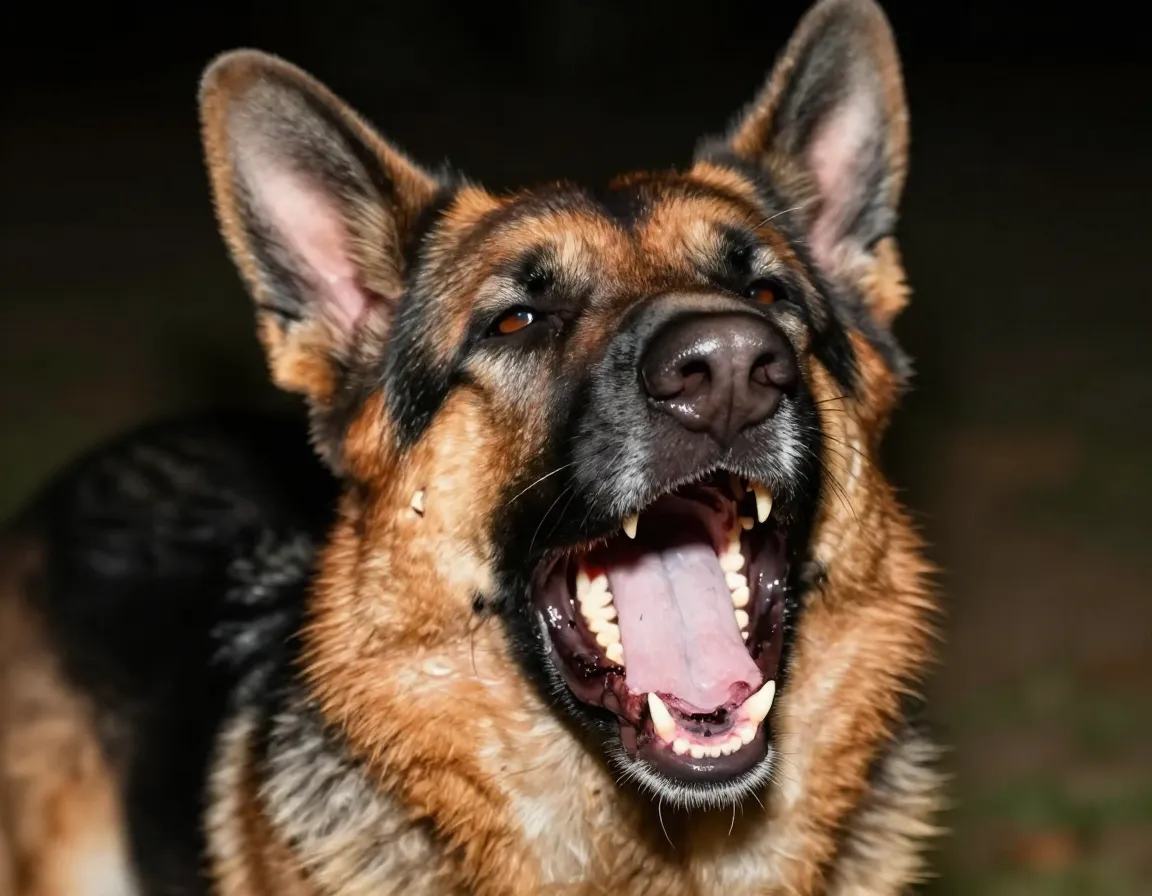 German shepherd caught in mid sneeze with distorted facial features