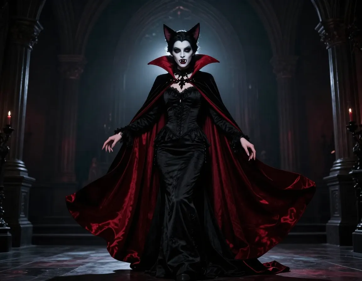 Gothic vampire cat with cape red accents and fangs