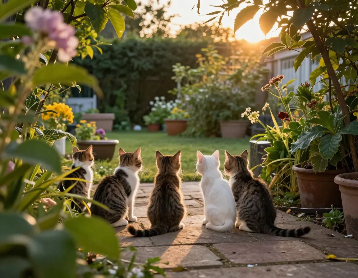 Kitten outdoor adventure shot in garden during golden hour