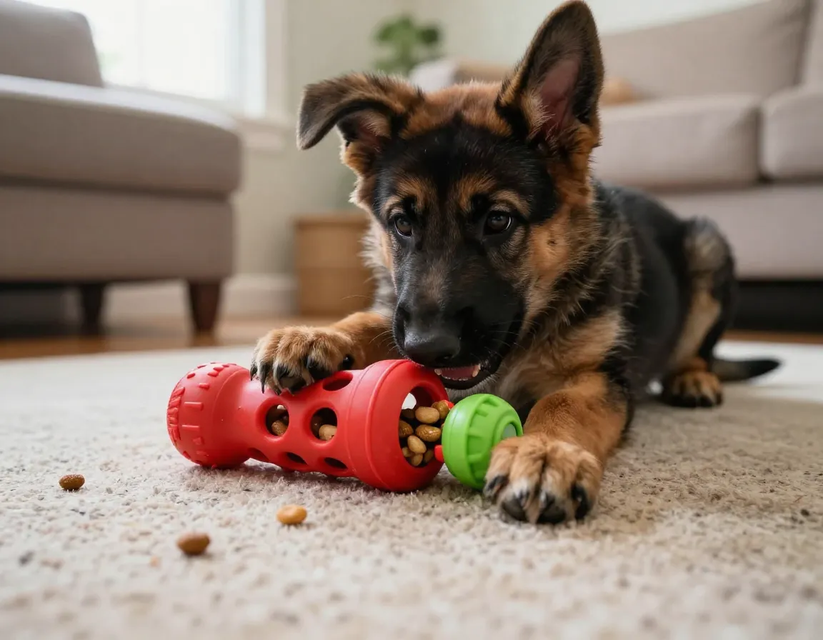 Puppy solving a treat puzzle toy on a living room rug