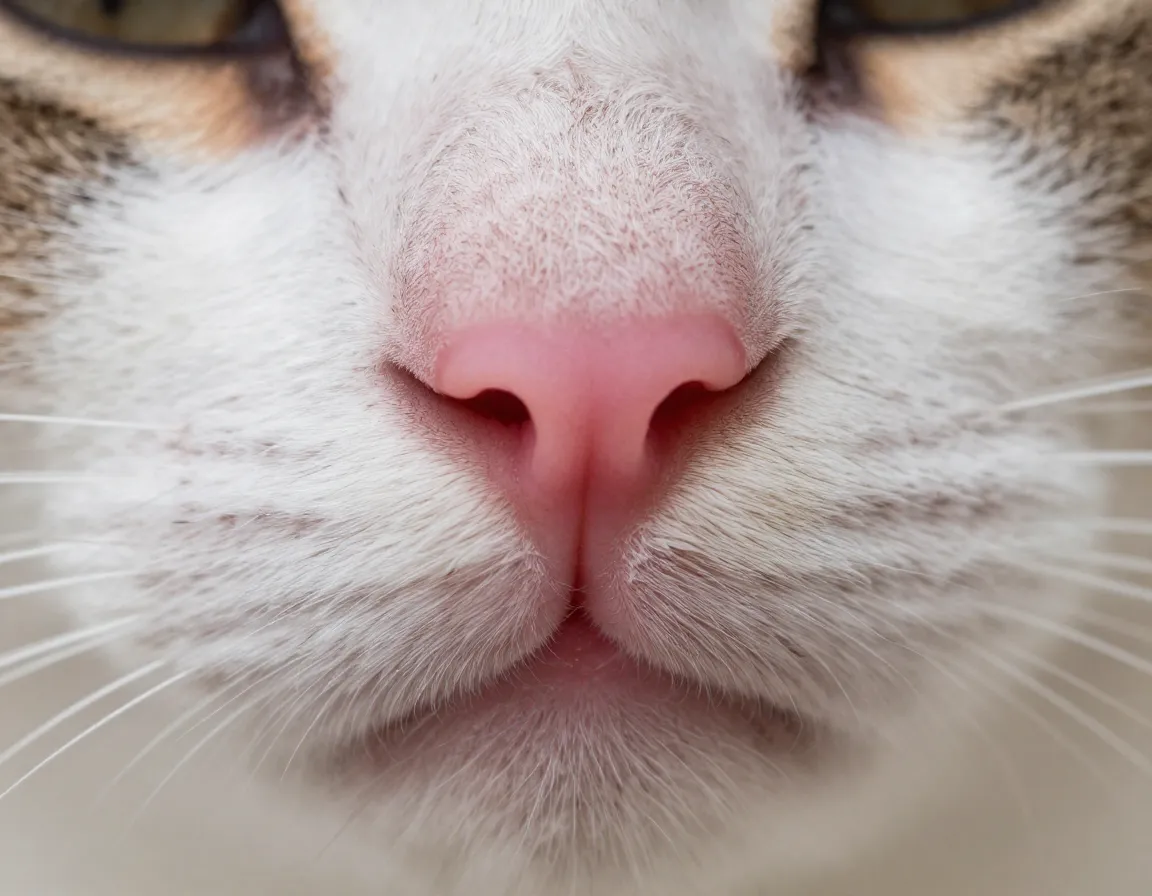 Kitten macro detail shot of pink nose pads and whiskers