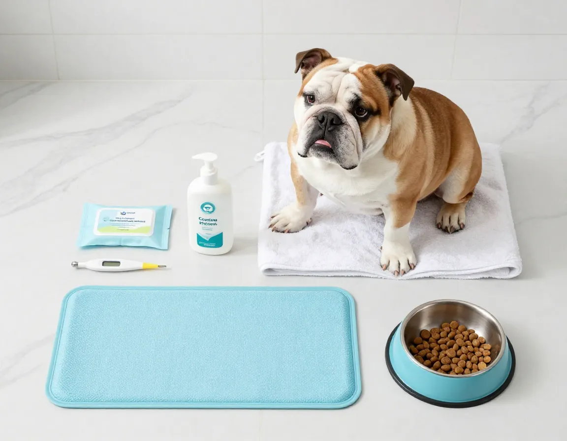 Flatlay bulldog care essentials wrinkle wipes cooling mat food bowl