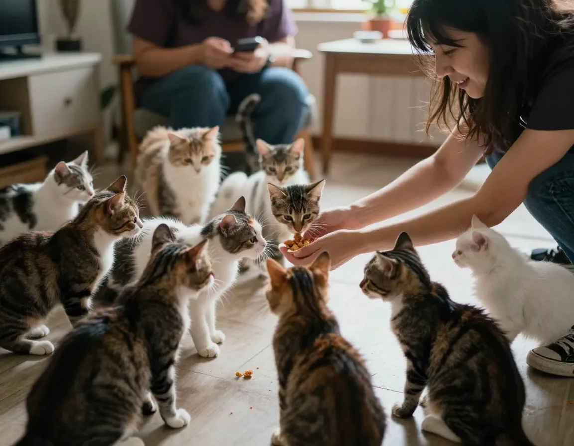 Kitten lifestyle integration shot with family member feeding