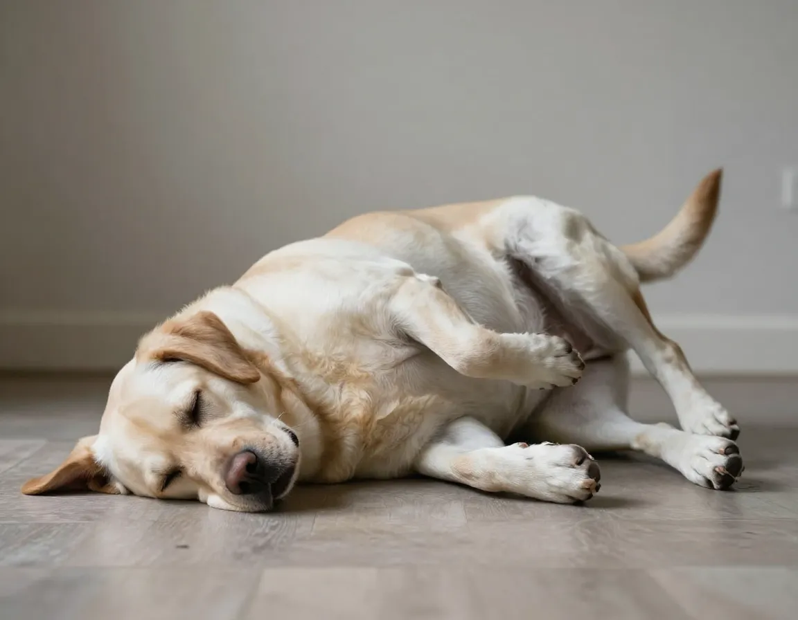 Labrador retriever asleep in a twisted yoga like impossible position