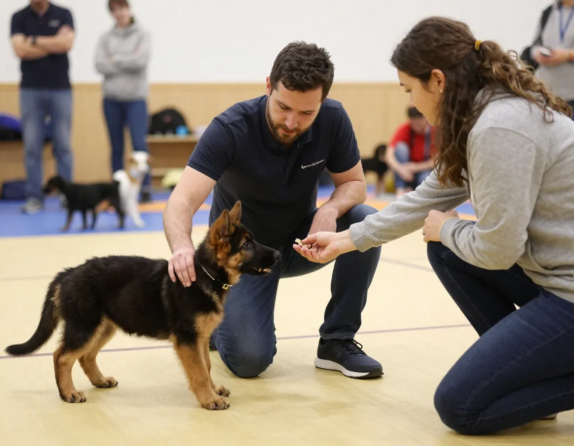 Professional trainer guiding an owner during a puppy training session