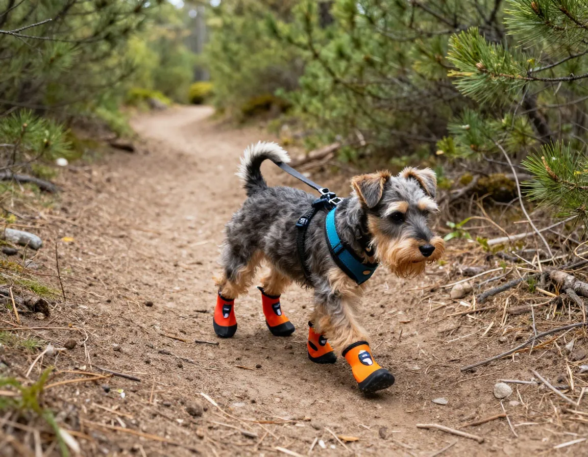Puppy wearing protective boots hiking adventure trail path