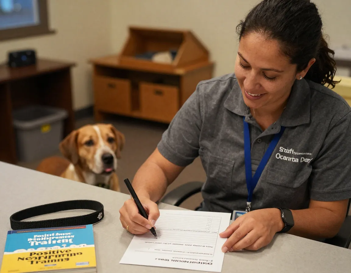 Trainer writing recommendations on report card for pet owner