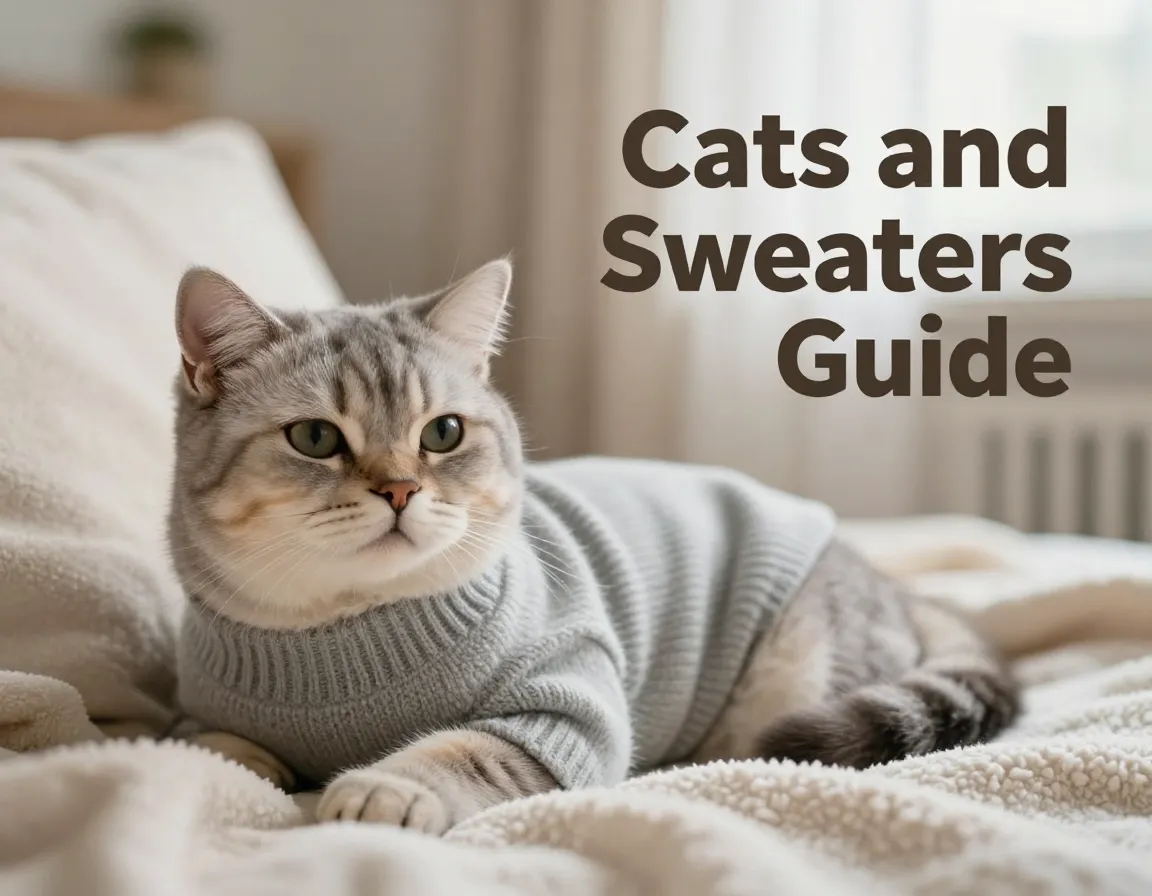 Cat in comfortable sweater on blanket cozy home setting