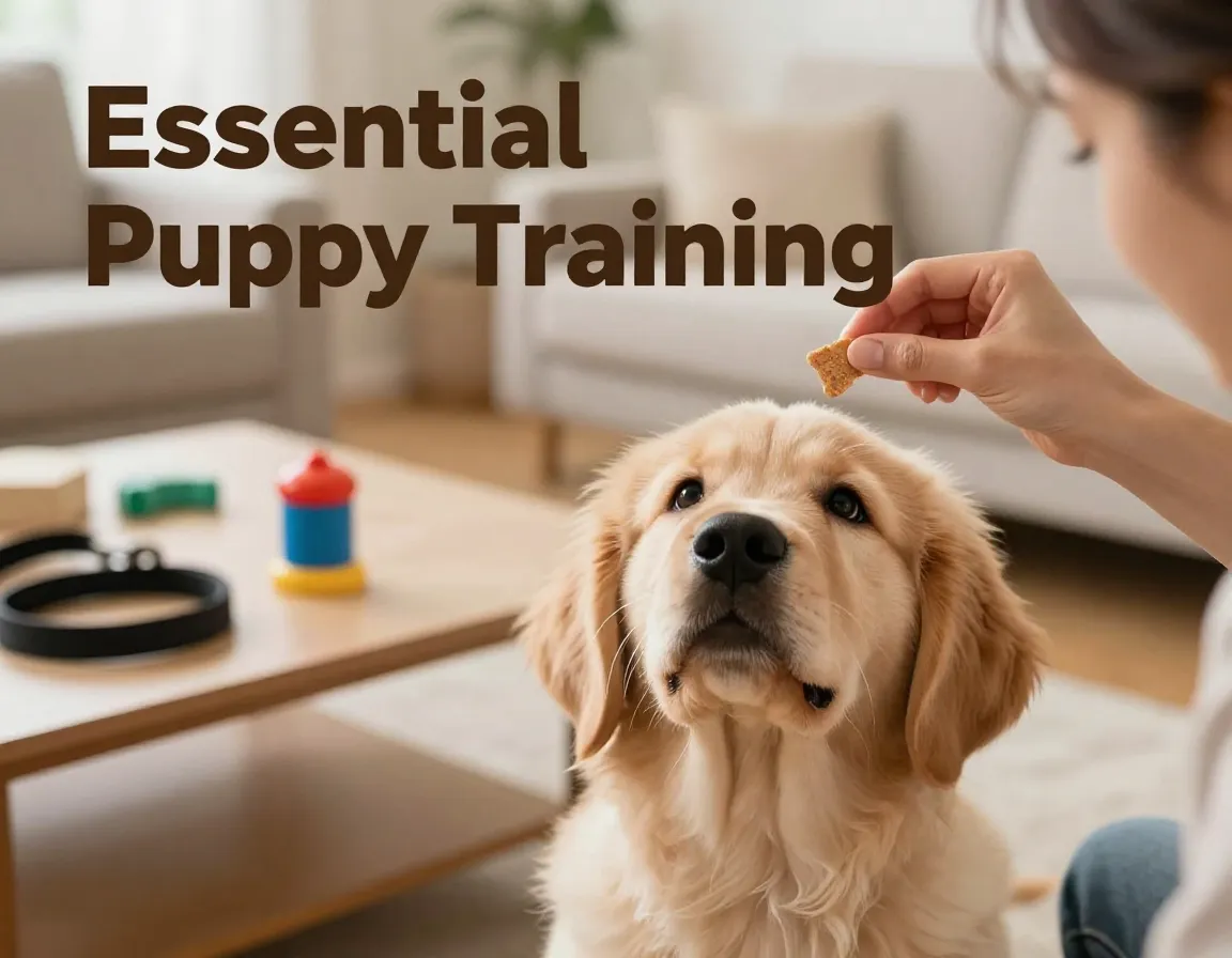 Close up puppy attentive owner treat training session home