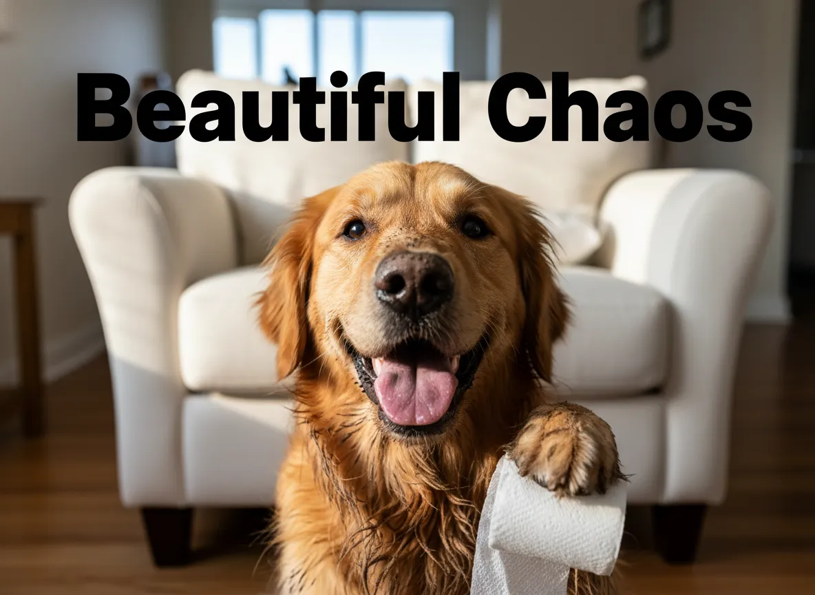 Golden retriever muddy face pristine couch toilet paper strand