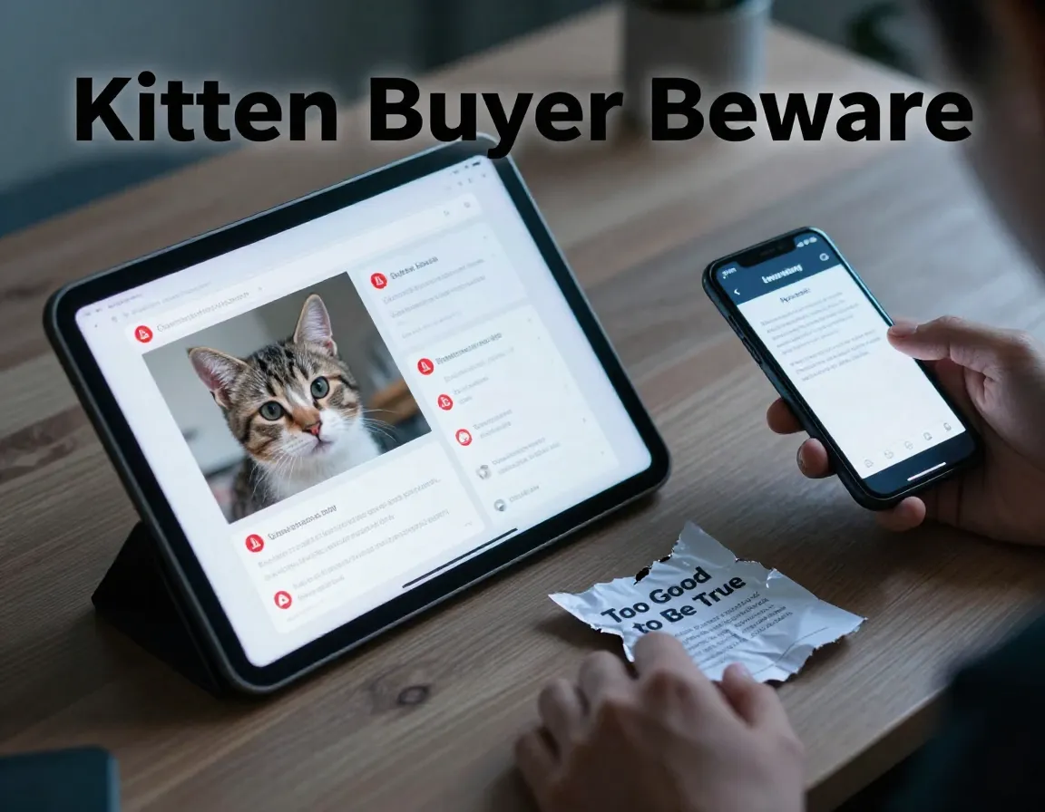 Hand tablet scam listing kitten warning flags online