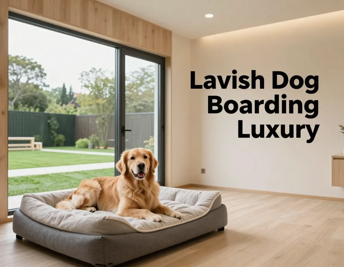 Serene golden retriever in private climate controlled luxury boarding suite