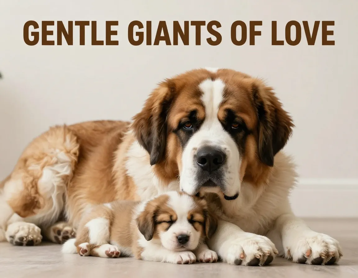 St bernard giant guarding tiny puppy between gentle paws
