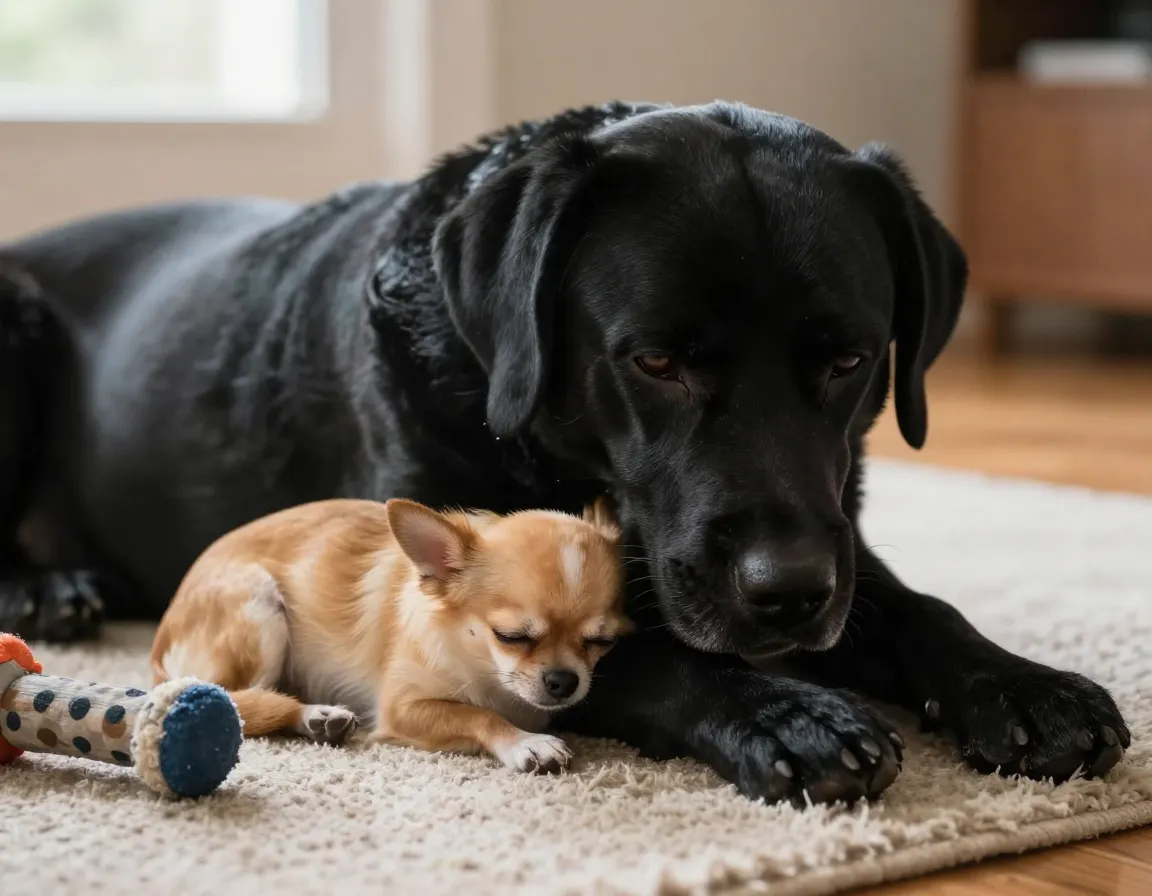 Labrador gently cradling sleeping chihuahua on living room rug