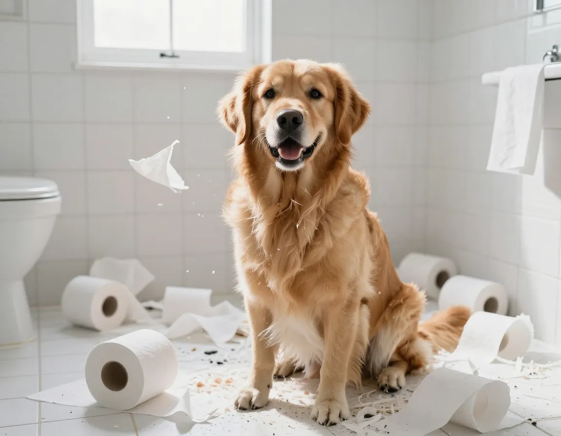 Golden retriever toilet paper shredded bathroom chaos artwork
