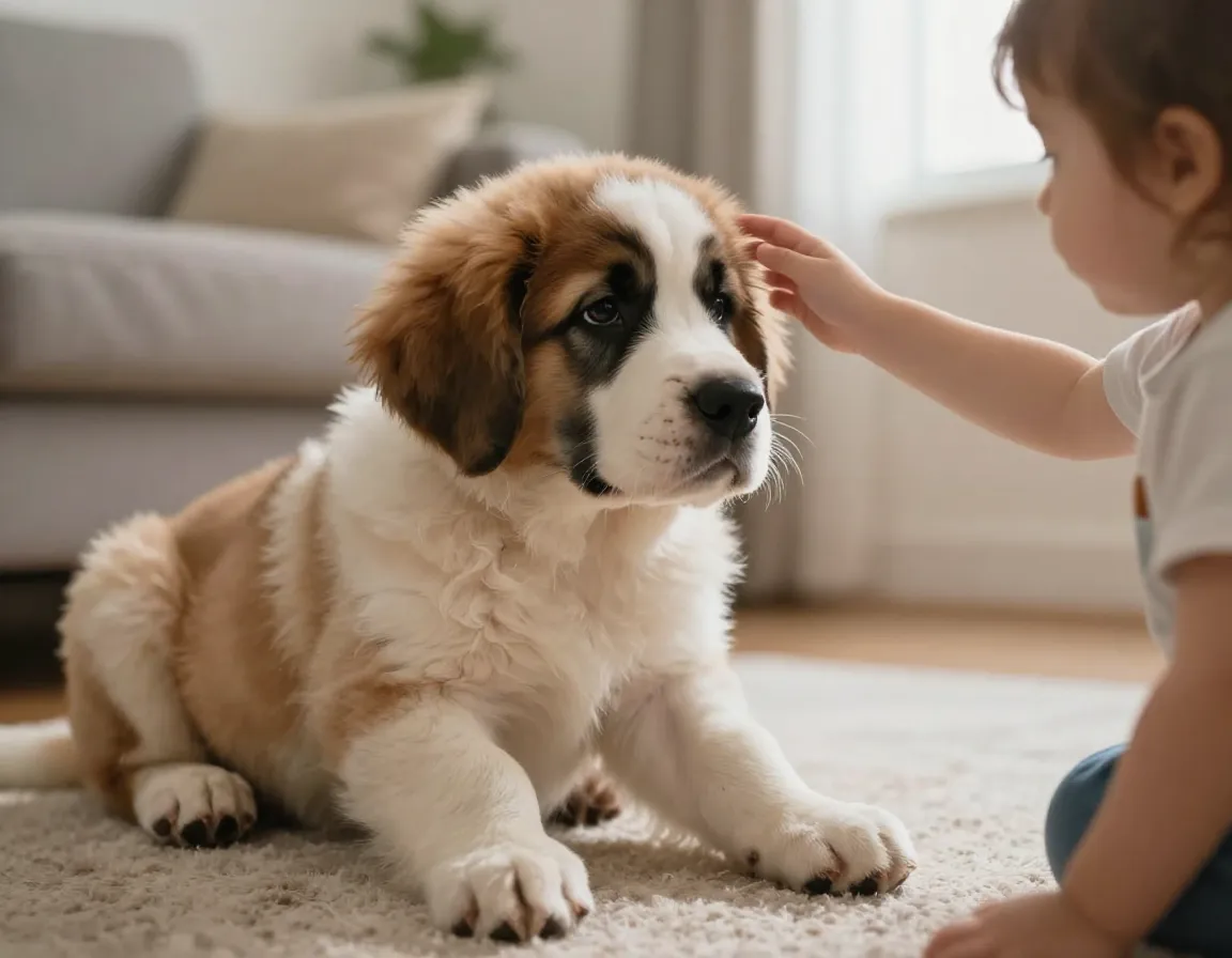 Patient st bernard puppy gently interacting with small child