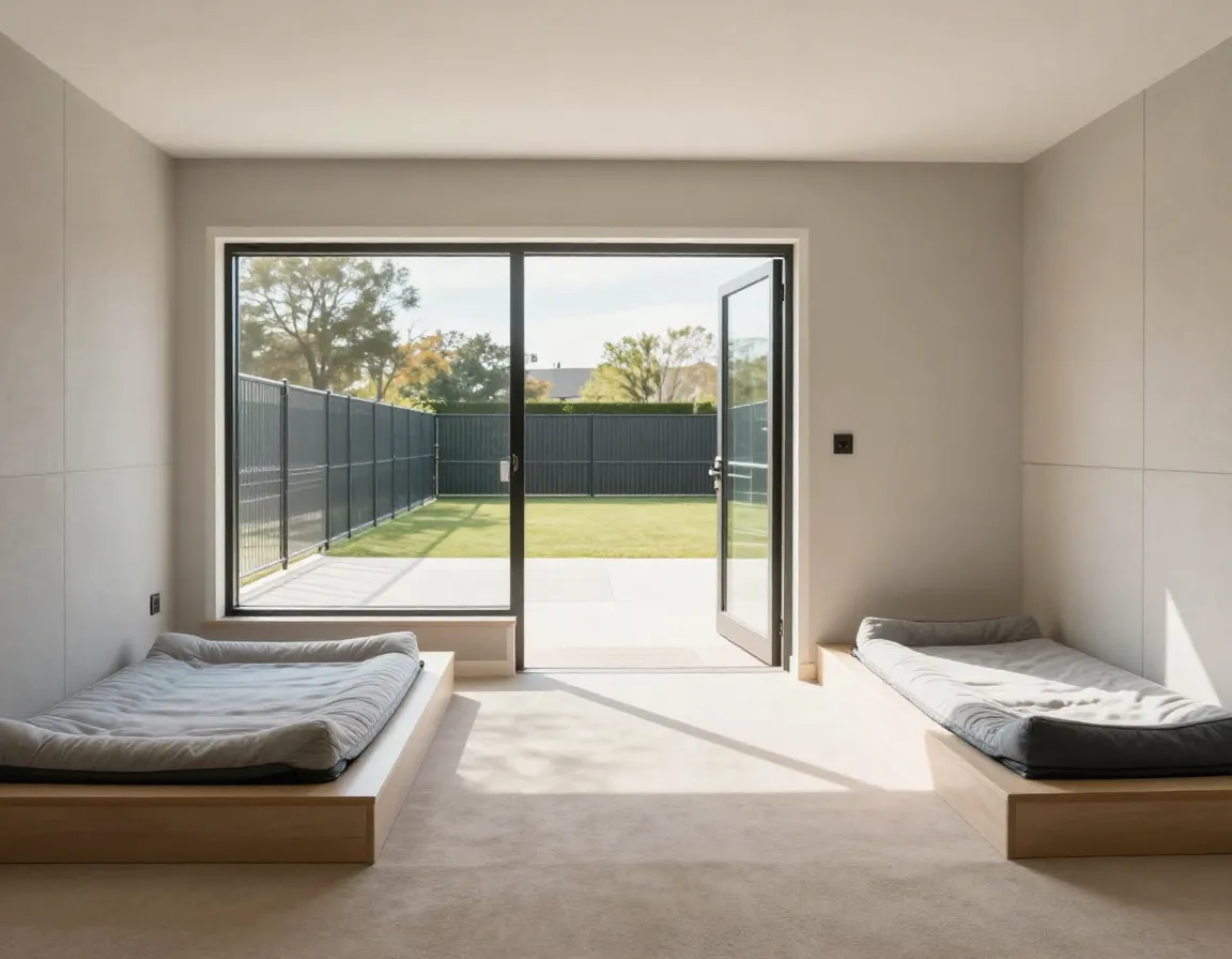 Spacious private dog suite with outdoor access and orthopedic bedding