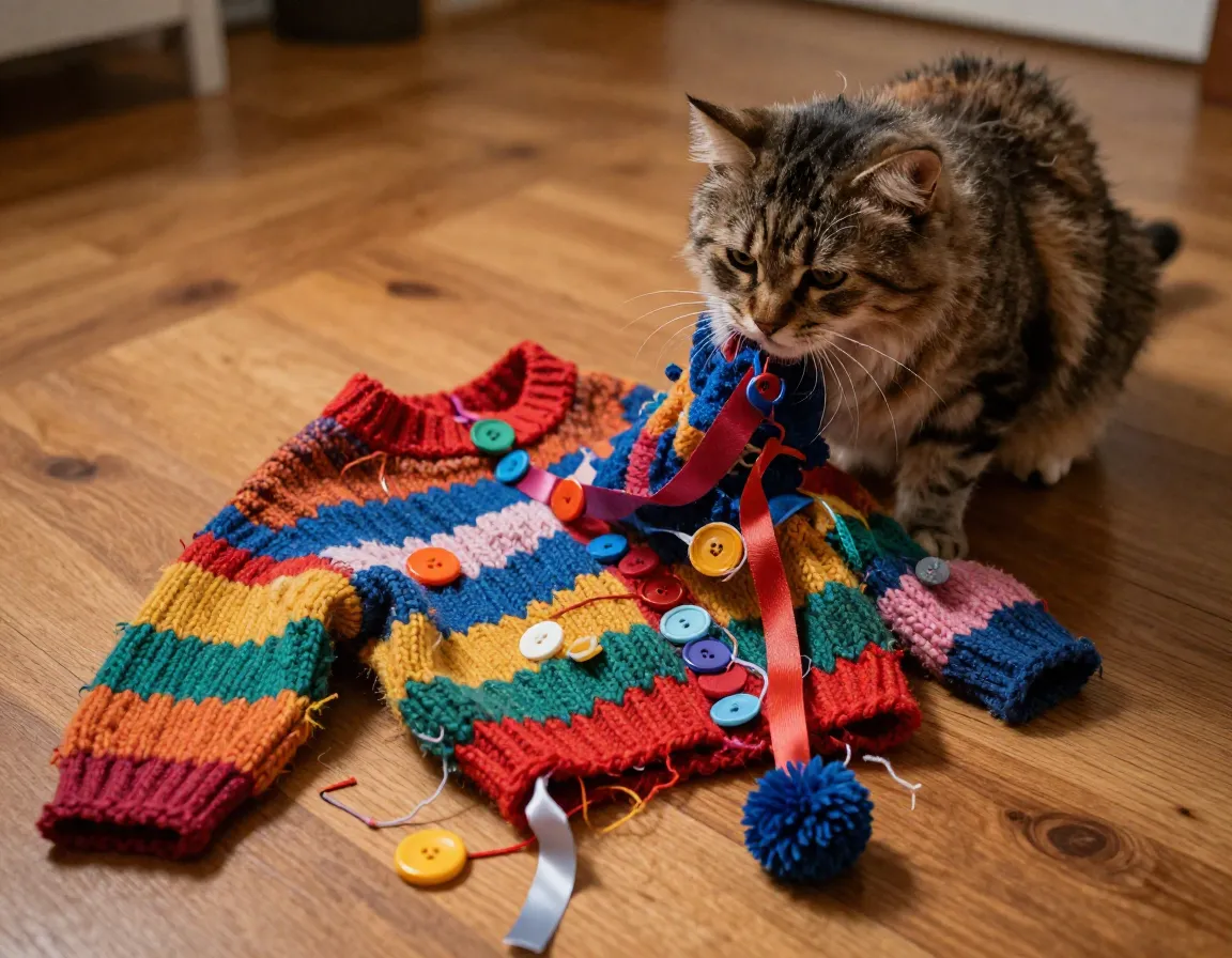 Cat rejecting a dangerous sweater with loose buttons and dangling decorations