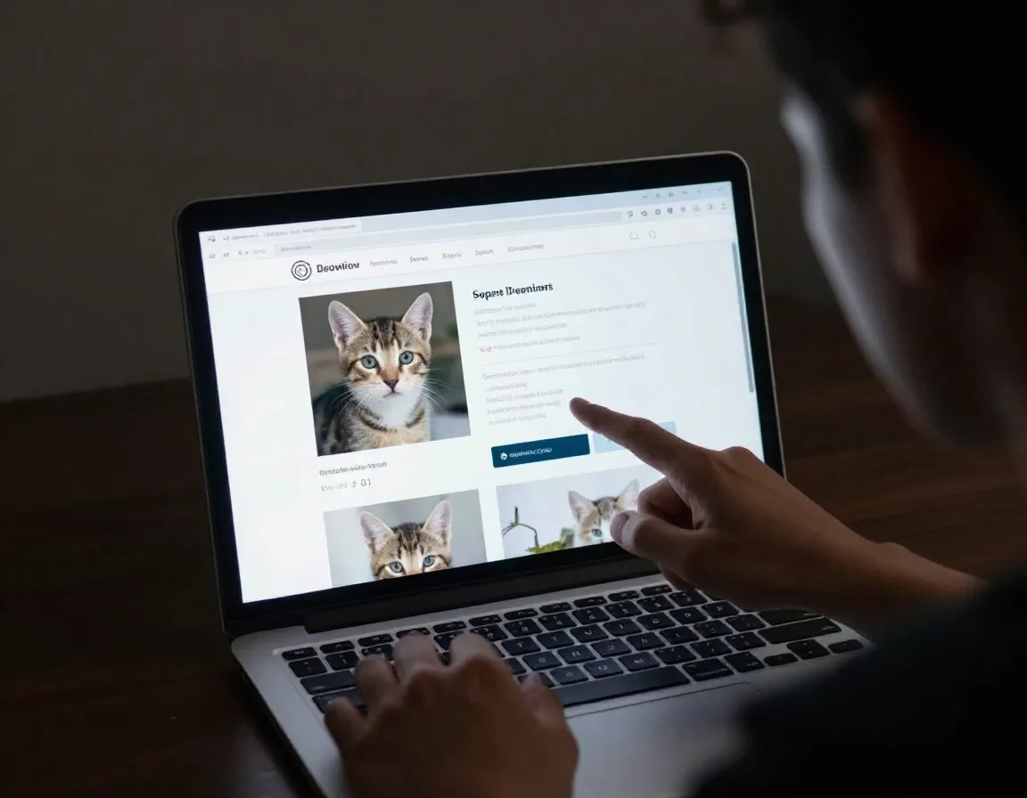 Scammer on laptop showing fake kitten website to unsuspecting buyer