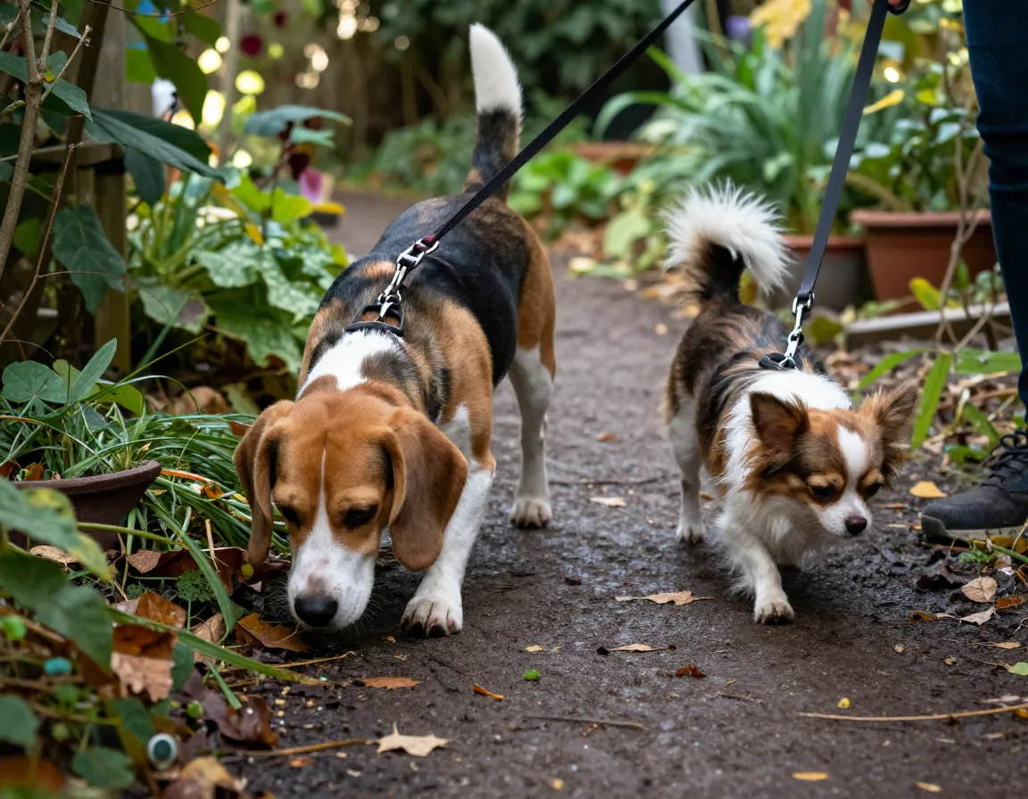 Beagle and chihuahua sniffing together on garden path in autumn