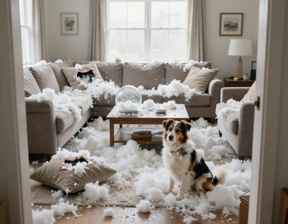 Couch cushion destruction white stuffing snow globe living room