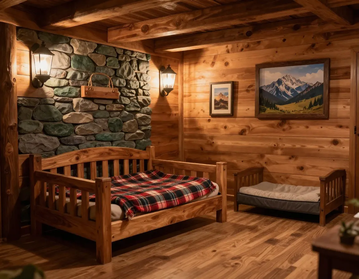 Themed dog suite decorated as a rustic cabin retreat with wood furnishings
