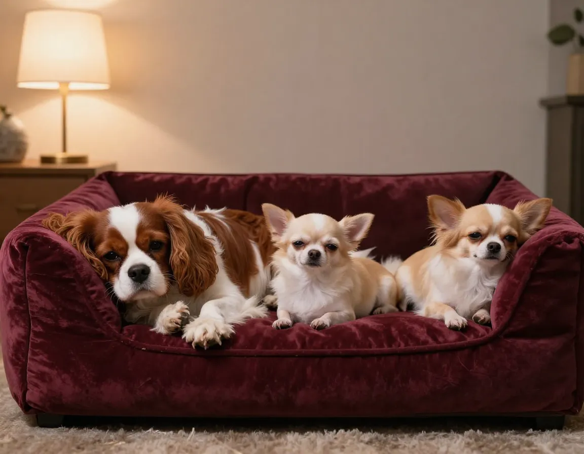 Cavalier and chihuahua serene side by side on plush velvet dog bed