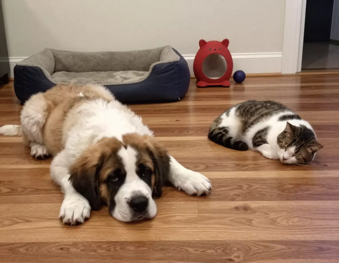 Calm st bernard puppy relaxing near sleeping cat