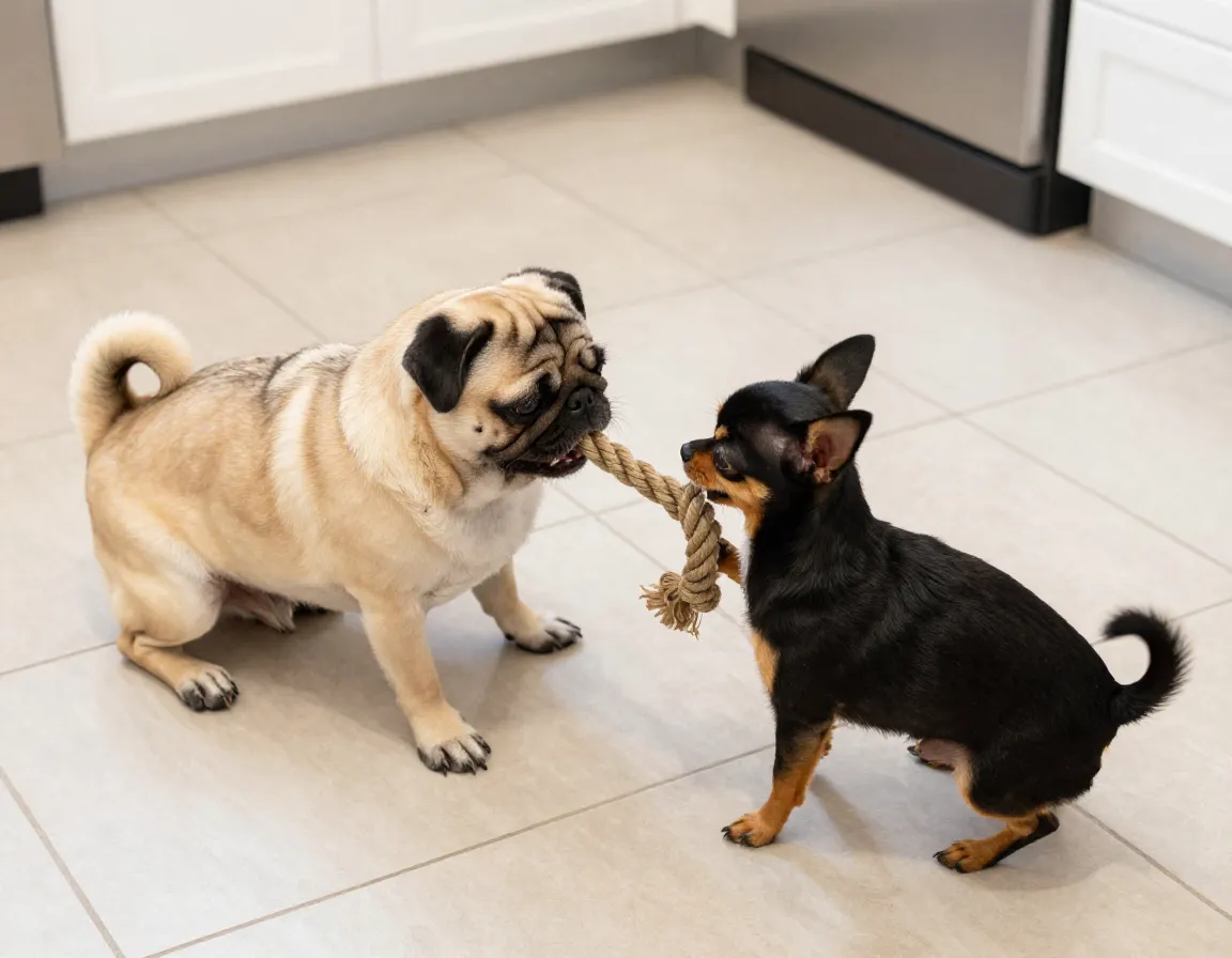 Pug and chihuahua gently playing tug with rope toy on floor