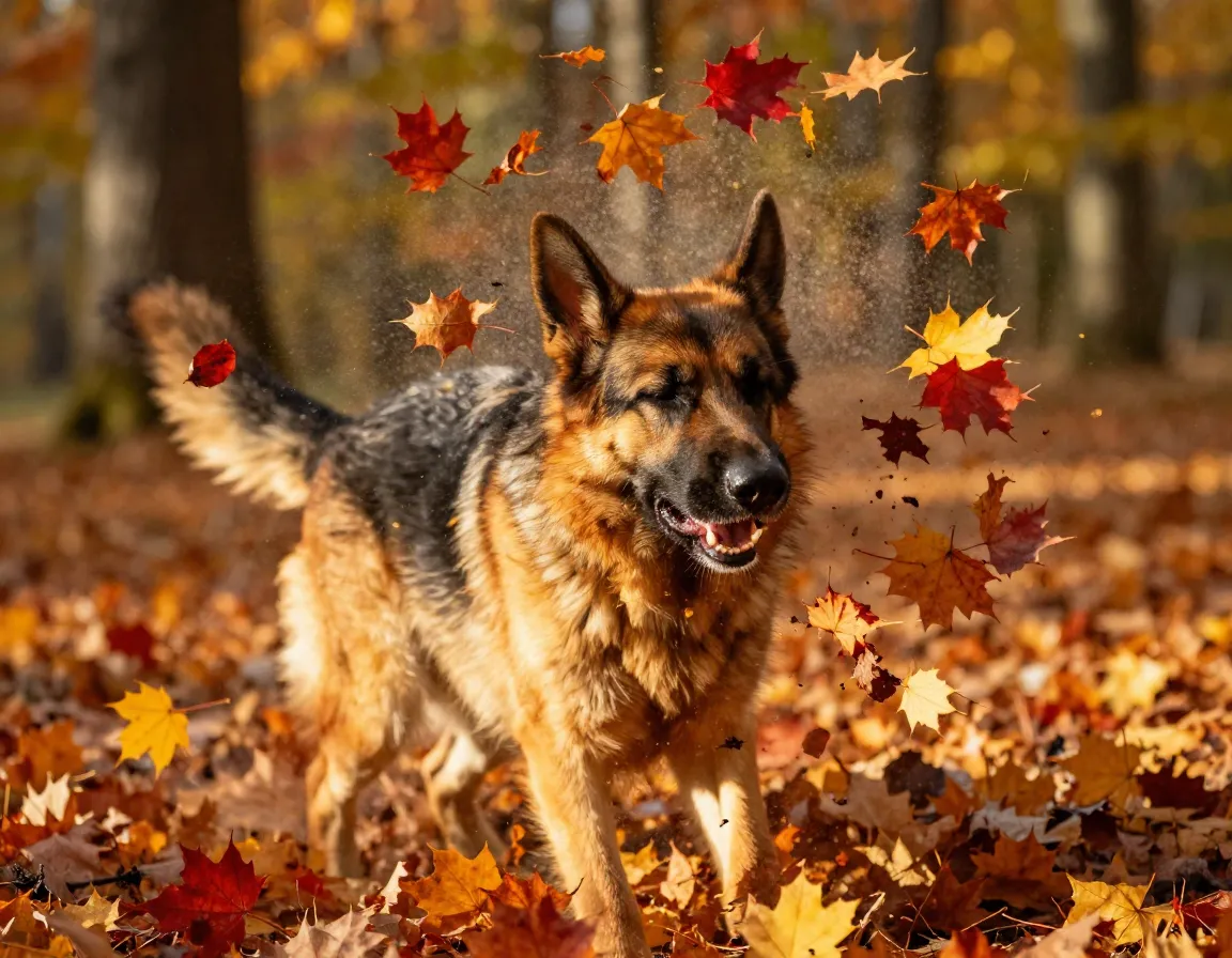 German shepherd shaking autumn leaves whirlwind action photo
