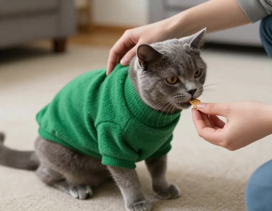 Grey cat with a draped green fleece sweater receiving a treat from owner
