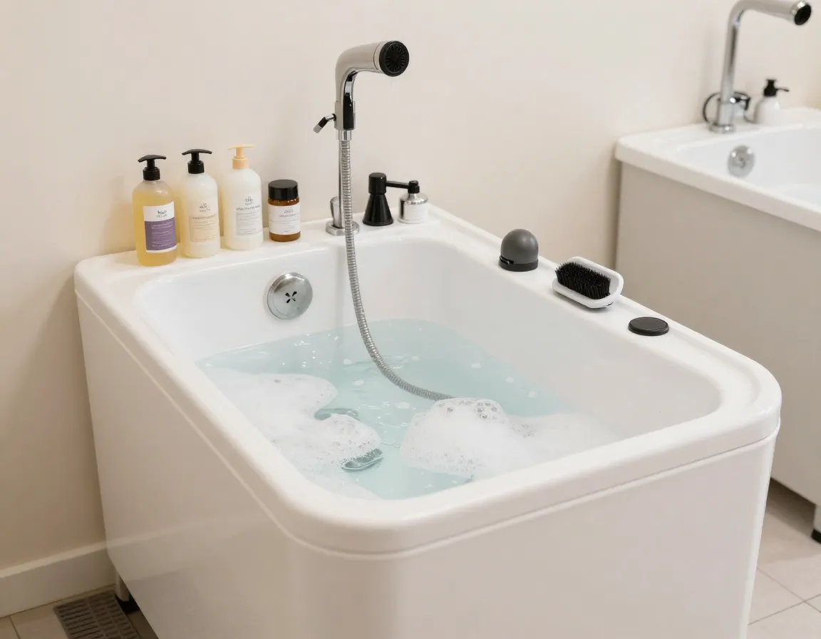 Professional grooming station for dog with aromatherapy bath and tools