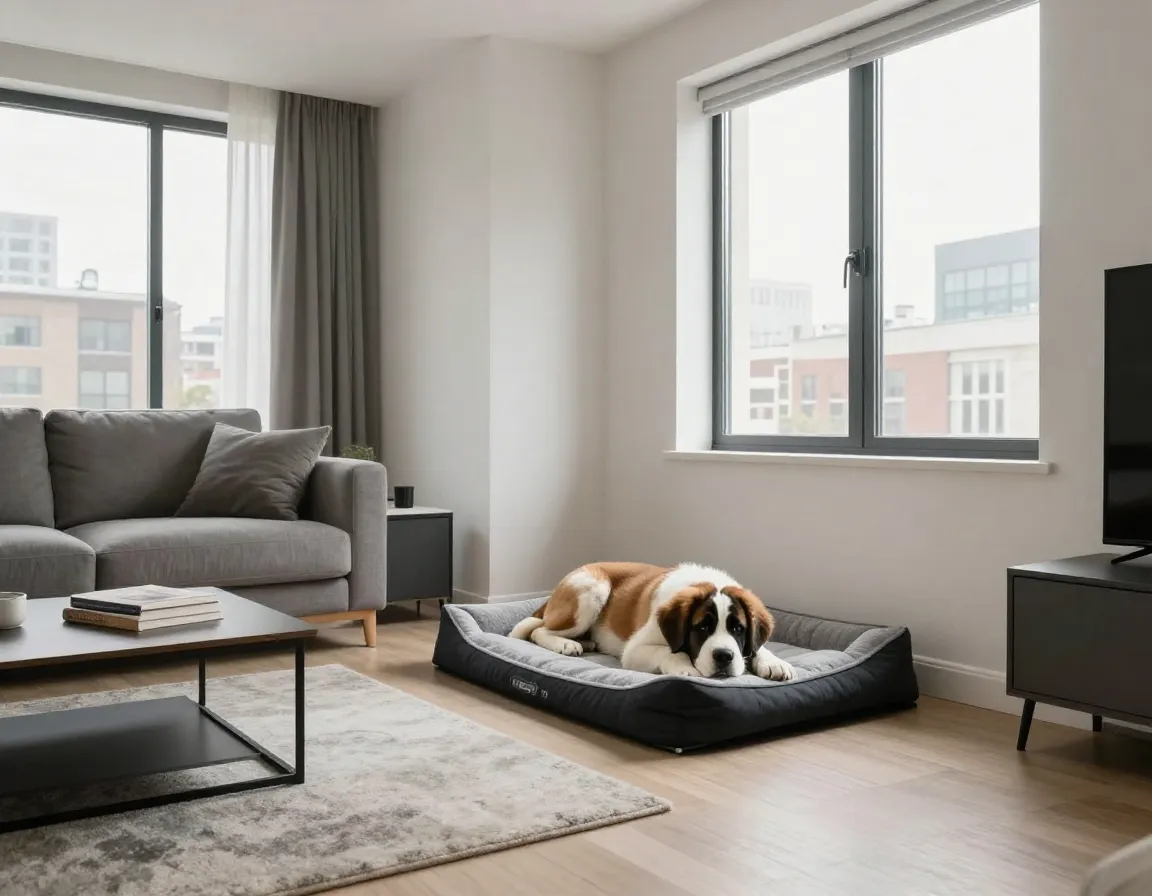 St bernard puppy relaxing in modern apartment corner