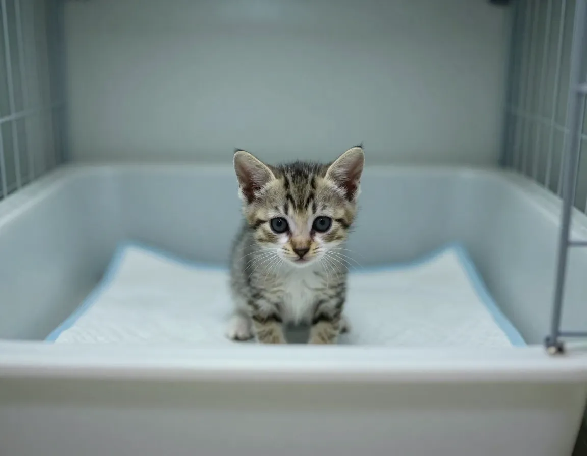 Underage kitten isolated without mother in sellers bare enclosure